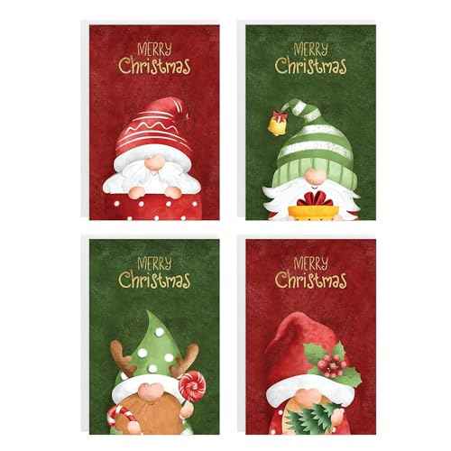 easykart labels 60 Christmas Gnome Cards with Envelopes & Sealing Stickers, 4 Christmas Theme Santa Designs With Gold Foling effect, 6.75" x 4.5" For Friends, Family and loved Ones