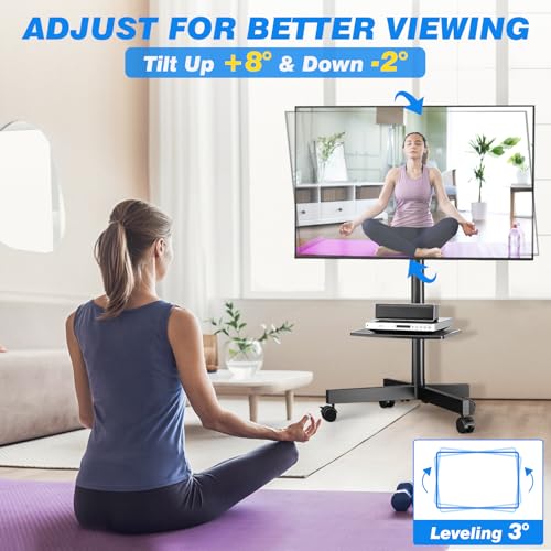 Rolling TV Stand with Shelf for 23-65 inch TVs up to 88lbs, Portable Mobile TV Cart with Silent Wheel, Tilt & Height Adjustable Universal Corner TV Stand for Bedroom, Living Room, Office