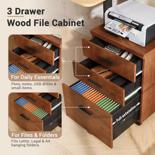 DEVAISE Walnut 3-Drawer File Cabinet - Under Desk Office Storage, 15.7"D x 18.1"W x 25.6"H