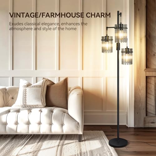 Industrial Modern Floor Lamps for Living Room, Dimmable Glass Tree Standing Tall Lamps with 3 Elegant Teardrop Cage Head & 800 Lumens LED Bulbs for Bedroom Office (66inch Tall)