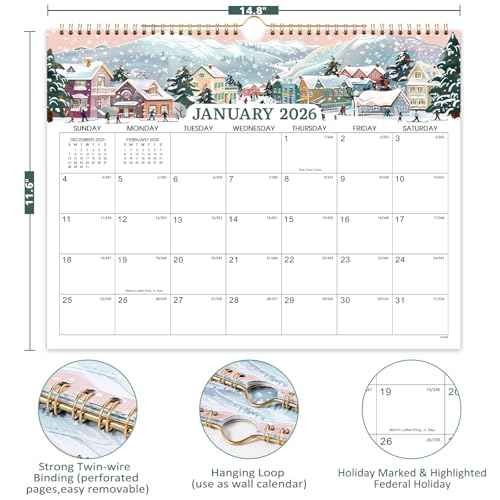 2026 Calendar - 2026 Wall Calendar, Jan. 2026 - Dec. 2026 Wall Calendar, 14.8'' x 11.6'', with Julian Dates, Hanging Hole, Thick Paper, Landscape Calendar