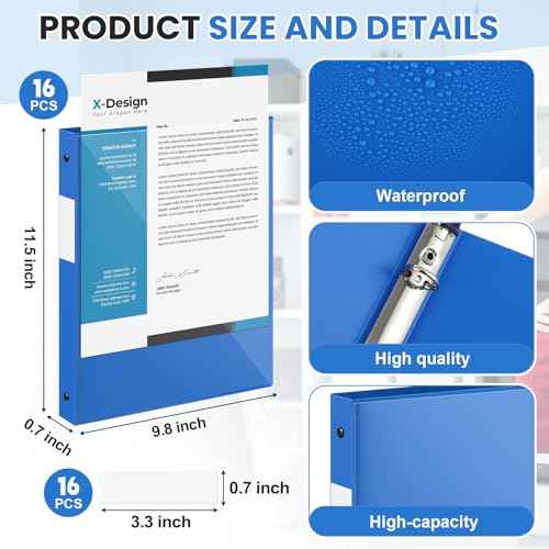 Henoyso 16 Pcs 1/2 Inch 3 Ring Binder with Clear Cover Plastic Flexible Fit Letter Size 8.5" x 11" Paper Holds 100 Sheets Versatile Binders for School Office Home,1 Pocket (Blue)