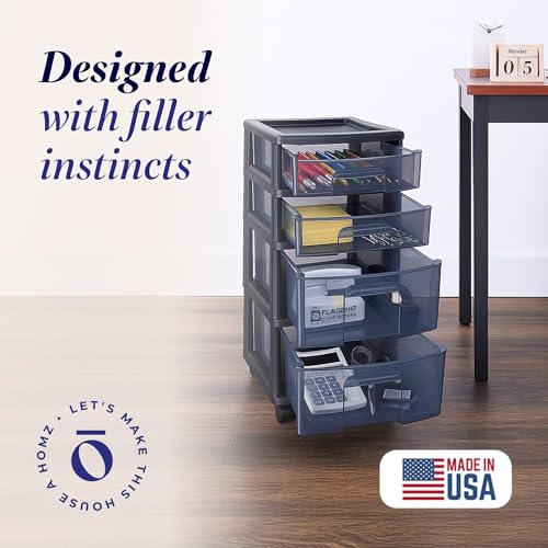 HOMZ 4-Tier Drawer Tower Storage Cart All Black with Removable Wheels - Made in USA