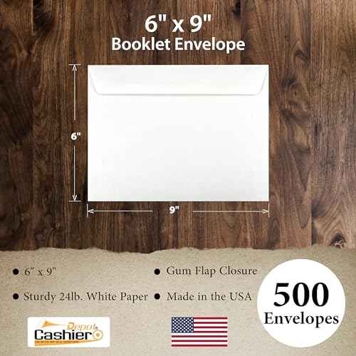 500 Cashier Depot - 6" x 9" Booklet Envelopes, 24 lb White Wove Paper, Gummed Flap, Open Side, 500 Count, Made in USA