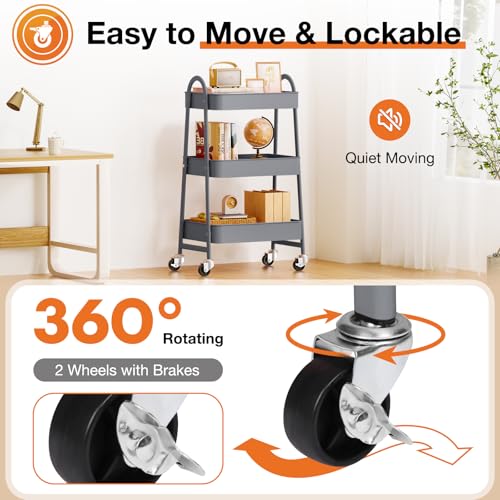 NEWBULIG Gray 3-Tier Metal Rolling Cart with Lockable Wheels, Heavy Duty Utility Shelf