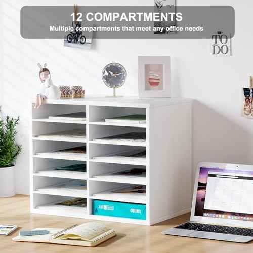 PAG Countertop Mail Sorter Organizer, Wooden Literature Organizer, Student Mailbox for Classroom, Desktop Bill Organizer for Office Home School, 12 Compartments, White