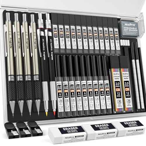 Nicpro 37PCS Art Mechanical Pencil Set, 4PCS Metal Drafting Pencil 0.3mm, 0.5 mm, 0.7 mm, 0.9 mm & 2PCS 2mm Lead Holder (6B 4B 2B HB 2H 4H Colors) For Sketching Drawing With 23 Tube Lead Refills Case