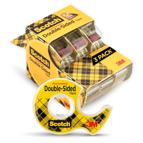 3 Pack Scotch Double-Sided Tape 0.5 in x 250 in with Dispensers for Crafts & Office