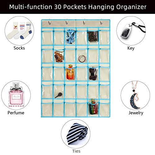 KEEPJOY Beige Classroom Pocket Chart Organizer with 30 Clear Pockets & Number Stickers - Cell Phone and Calculator Holder, 33.5 x 24.5 Inch, 1 Pack