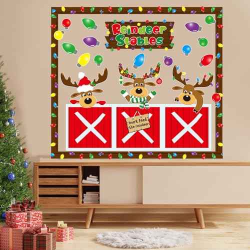53 Pcs Christmas Bulletin Board Decorations Set Xmas Reindeer Stable Classroom Decor Xmas Bulb Elk Paper Cutouts with Borders for Door Wall School Classroom Winter Holiday Party Supplies