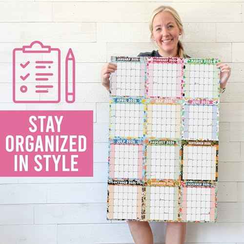 Hadley Designs Yearly Wall Calendar 2026 Large - 12 Month Dry Erase Calendar for Wall, Double-Sided, Reversible, Erasable, Reusable, Full Year Long Annual Planner - Doodle Colorful