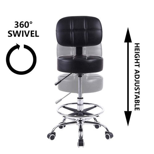 KKTONER Swivel Round Rolling Stool PU Leather with Adjustable Foot Rest Height Adjustable Task Work Drafting Chair with Back (Black)