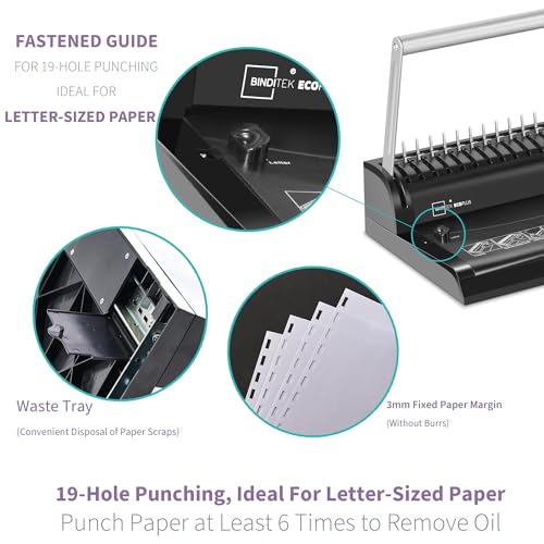 Binditek Binding Machine, 19-Hole, 145 Sheets, Comb Binder Machines with 30 PCS 1/2" Binding Combs, for Letter Size, Fixed Margin