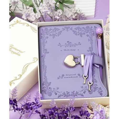 Diary with Lock and Keys for Girls Gift Ideas, 360 Gold Edged Pages Journal for Women, B6 Refillable Notebook for Writing with Pen and Bookmark (Garden Purple)
