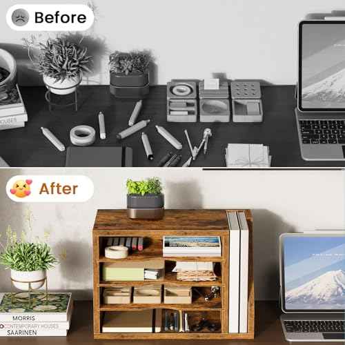 File Organizer Desktop, Wood Desk Organizer with 3 Adjustable Shelves, Mail Paper Sorter for Office, Home, File Holders for Envelopes, Mail Supplies or Magazines, Rustic Brown