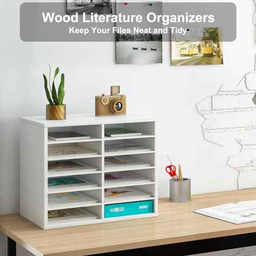 PAG Countertop Mail Sorter Organizer, Wooden Literature Organizer, Student Mailbox for Classroom, Desktop Bill Organizer for Office Home School, 12 Compartments, White