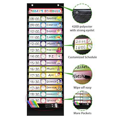 REGELETO 15+1 Pockets Daily Schedule Pocket Chart with 30 Pcs Double-Sided Reusable Cards, Scheduling Pocket Chart for Classroom Office Home Preschool Activity(Black)¡¦