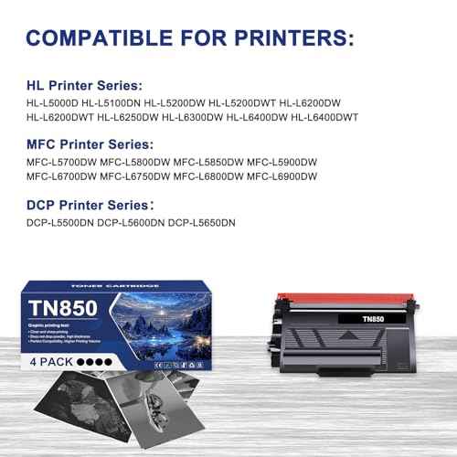 TN850 TN820 High Yield Toner Cartridge TN 850 TN-850 Replacement for Brother TN820 TN-820 TN 820 for HL-L6200DW MFC-L5700DW MFC-L5850DW HL-L5200DW MFC-L5900DW MFC-L6800DW Printer Black Ink 4-Pack