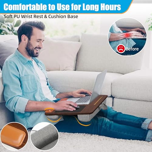 Wooden Laptop Tray with Leather Wrist Pad - Adjustable Angle Lap Desk with Cushion, Laptops Table for Couch,Bed, Fits Laptops Up to 17 Inches, Lap Laptop Desk with Mouse Pad, Brown