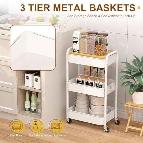 3 Tier Metal Utility Cart, Rolling Storage Cart with Wooden Tabletop, Metal Organizer Cart with Lockable Wheels for Office, Bedroom, Kitchen and Living Room (White)