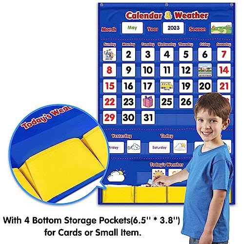 Godery Calendar and Weather Pocket Chart with 149 Cards, Kids Calendar for Classroom or Homeschool,Preschool Learning Activities Supplies, Kindergarten Must Haves (Blue)