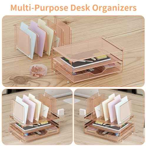 Rose Gold Desk Organizer, Office Organization with Vertical File Holder, File Organizer with Drawer and Office Supplies, Desk Accessories and Workspace Organizers (Rose Gold)