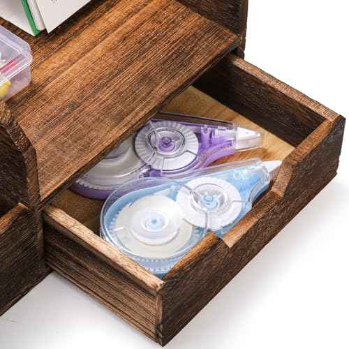 Brown Wooden Mail Organizer, Desk Organizer with 7 Compartments and Drawer, Rustic Mail Sorter with Pen Holder, Tabletop Mail Basket, Office Accessories Holder for Pen File Letter Document