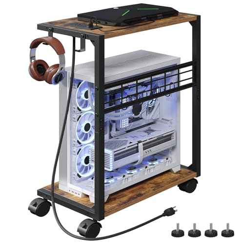 PC Stand, Computer Tower Stand with Charging Station, 16.9"W x 11.4"D x 27.6"H, Computer Cart with Wheels and Hooks, CPU Holder for Carpet, Floor and Under Desk, Easy Assembly, Rustic Brown