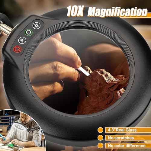 10X Magnifying Glass with Light and Stand, 2-in-1 Lighted Magnifier with Clamp, 5 Color Modes Dimmable LED Desk Lamp Hands Free for Painting Craft Jewelry Sewing Hobby Model Close Work