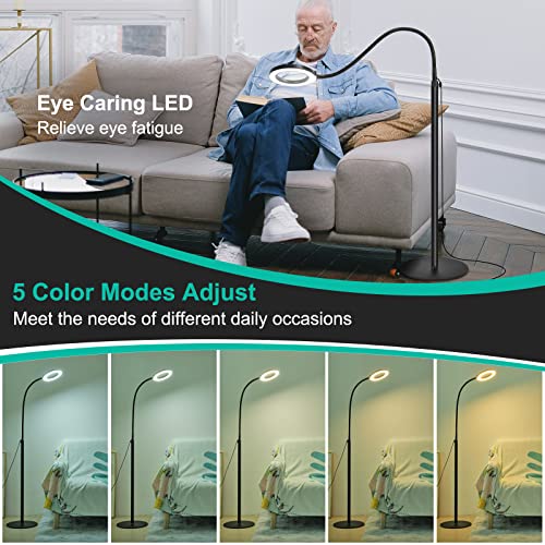 Drdefi 10X Magnifying Floor Lamp with Light, 24" Flexible Gooseneck Standing Magnifying Glass, 3-in-1 LED 5 Color Modes Stepless Dimmable Lighted Magnifier Lamp Hands-Free for Close Work, Reading
