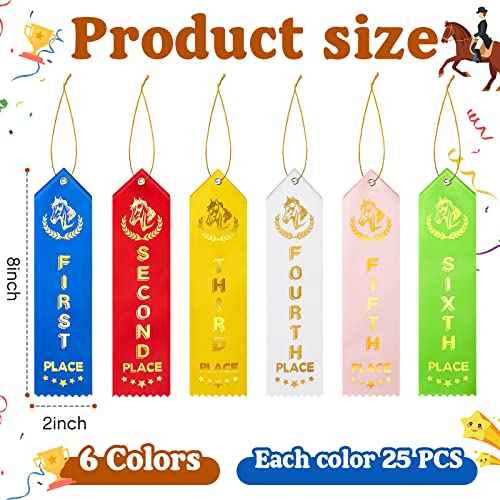 150 Pcs Horse Show Award Ribbons, 1st - 6th Place Flat Carded Set, Participation Ribbon with Event Card and Rope, Winner Recognition Ribbons for Competition, Sports Event, Contest Ornaments