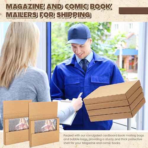 30 Pack Corrugated Comic Book Mailers 7.8 x 11 x 1.2 Inch with 30 Bubble Bags, Comic Book Shipping Box Easy Fold Cardboard Photo Box for Mailing Packaging, Height Adjustable