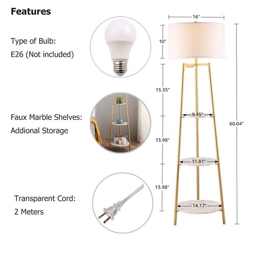 ROSEN GARDEN Floor Lamp, Standing Reading Light with Faux Marble Shelves and Fabric Shade, Modern Tall Pole, Accent Furniture Décor Lighting for Living Room, Bedrooms