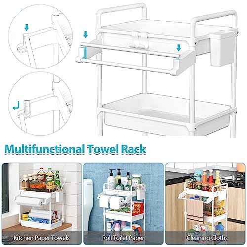 SPACEKEEPER Rolling Storage Cart, 3 Tier Utility Cart Laundry Room Organization Mobile Shelving Unit Bathroom Organizer with Towel Rack, Lockable Wheel, Hooks & Cup for Kitchen Office, White