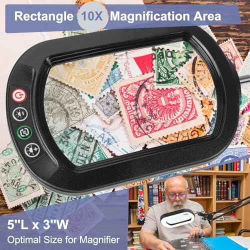 10X Rectangle Magnifying Glass with Light and Clamp, 5 Color Modes Stepless Dimmable, Lighted Magnifier with Stand Hands Free, Flexible Swing Arm LED Desk Lamp for Close Work, Craft, Reading, Painting