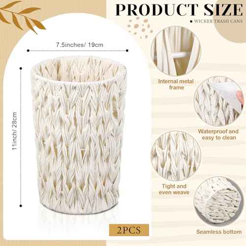 2 Pcs Wicker Trash Cans 2 Gallon Rattan Waste Baskets for Bathroom Wicker Waterproof Boho Trash Cans Compact Woven Round Decorative Waste Baskets for Bedroom Office Bathroom(White)
