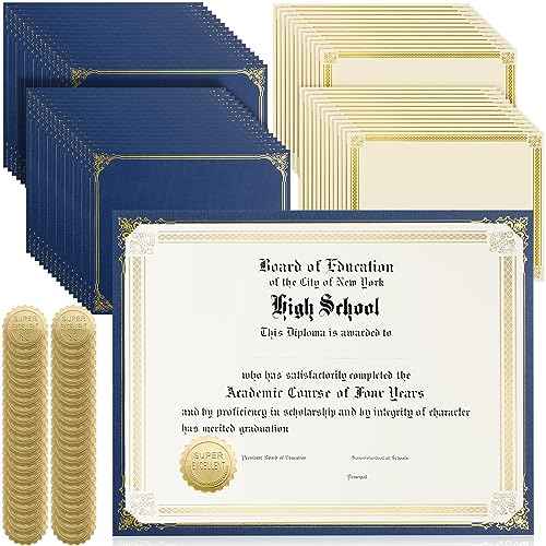 Kosiz 150 pcs Certificate Kit Includes 50 Gold Foil Certificates 50 Single Sided Holders 8.5'' x 11"50 Gold Foil Award Seals for Diplomas, Awards, and Accomplishments(Blue)