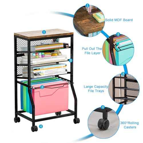 Rolling File Cart,Under Desk Organizer on Lockable Wheels and Mesh Sliding Trays Multi-Functional Rolling Clutter Cart for Office, Home, School (Black, 5 Tier)