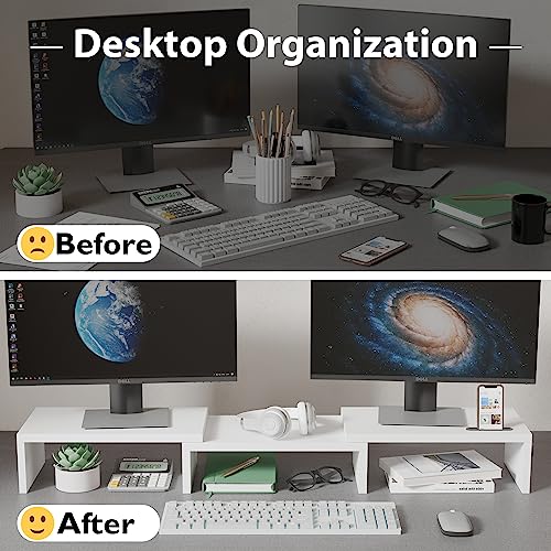 BONTEC White Dual Monitor Stand Riser, Adjustable 42.5 In Length, Swivel & Storage