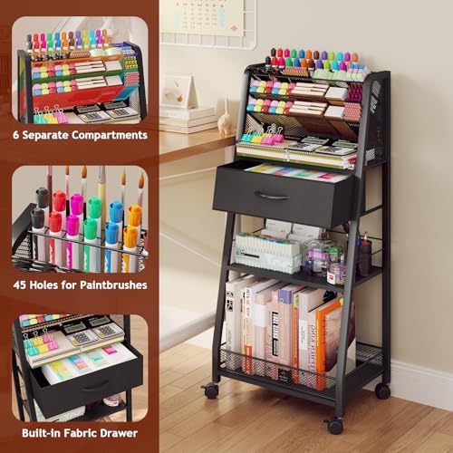 3 Tier Rolling Cart - Metal Utility Cart with Storage Drawer and Wheels, Versatile Art & Craft Organizer for Home, Office, or Studio - Ideal for Storing Brushes, Paints, and Supplies£¨Black£©