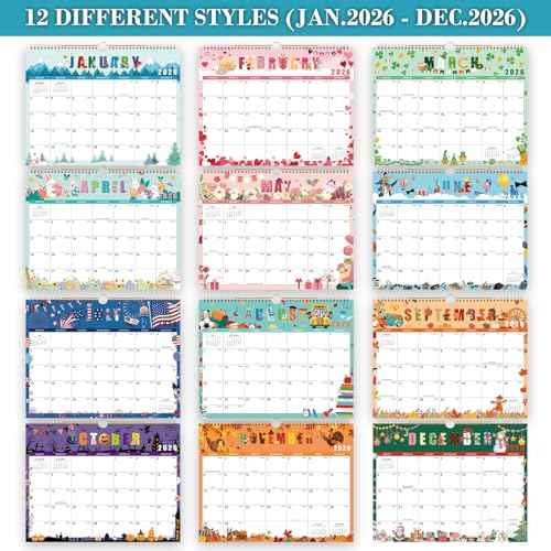 2026 Calendar - 2026 Wall Calendar, Jan. 2026 - Dec. 2026, 14.6'' x 11.4", 12 Months Hanging Monthly Calendar 2026, Holidays, Large Block, Twin-Wire Binding- 12 Different Themes