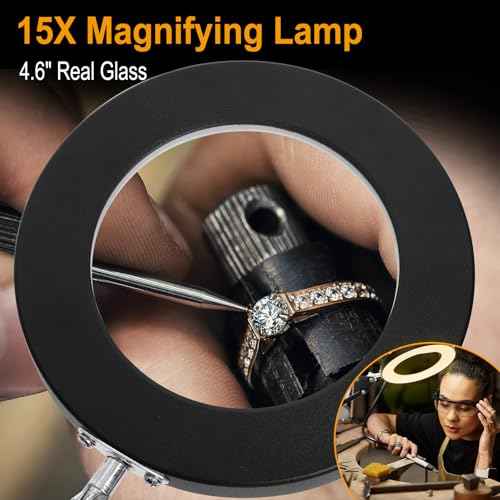 Magnifying Glass with Light and Stand, 15X Large Led Magnifying Lamp 2-in-1 Hands-Free, Desk Magnifying Light with 3 Color Modes & 10 Levels for Crafts Hobby Reading Repair Close Work