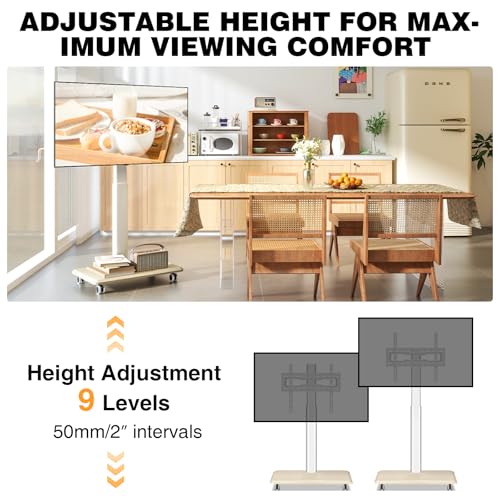 TVON 32-70 inch Rolling TV Stand with Wooden Base, White (Swivel 30°, 9-Height, Cable Management)