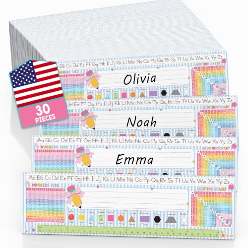 BEAWART 30 Pack Student Desk Name Plates with Alphabet and Learning Charts