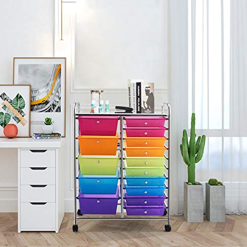 GOFLAME Rainbow 15-Drawer Rolling Storage Cart with Removable Drawers & Lockable Wheels