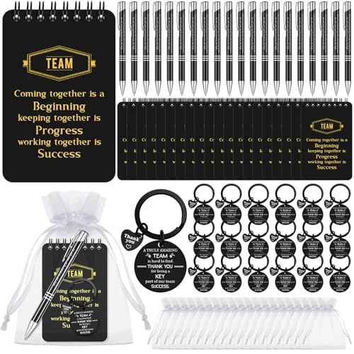 Fulmoon 80 Pcs Employee Appreciation Gifts Set Include Notepad Pen Thank You Keychain Organza Bag, Going Away Retirement Birthday Christmas Team Gift for Member Coworker(Black,Team)
