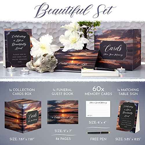 All-in-One Funeral Guest Book Set ? Elegant Memorial Guestbook, Funeral Register Book, 60 Memory Cards, Collection Box, Black Pen, Table Sign, Celebration of Life Guest Book, Memorial Keepsake