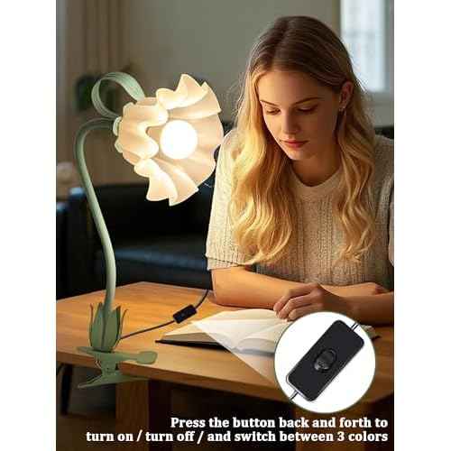 Clip on Light Flower Desk Lamp with Clamp,3 Color Modes LED Eye-Caring Reading Light Flexible Gooseneck Book Light Study Clip on Lamp for Desk Piano Office Headboard Dorm Bed (Green Lamp)