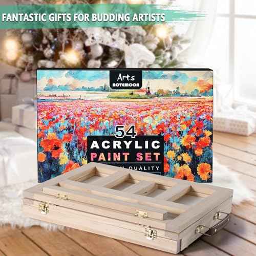 Wooden Tabletop Art Easel for Painting, 54 Pieces Starter Acrylic Paint Set with 24 Colors Acrylic Paints, Canvases, Sketch Pads, Brushes and Palette for Adults Teens Kids Beginners