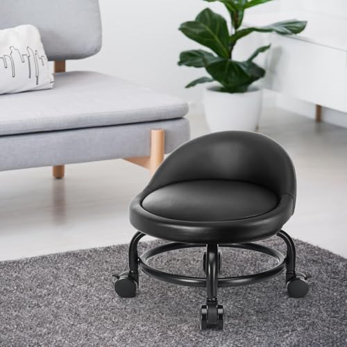 LWADALN Style 4 Rolling Stool with Backrest – 9.37in Height, 300lb Capacity, PU Leather